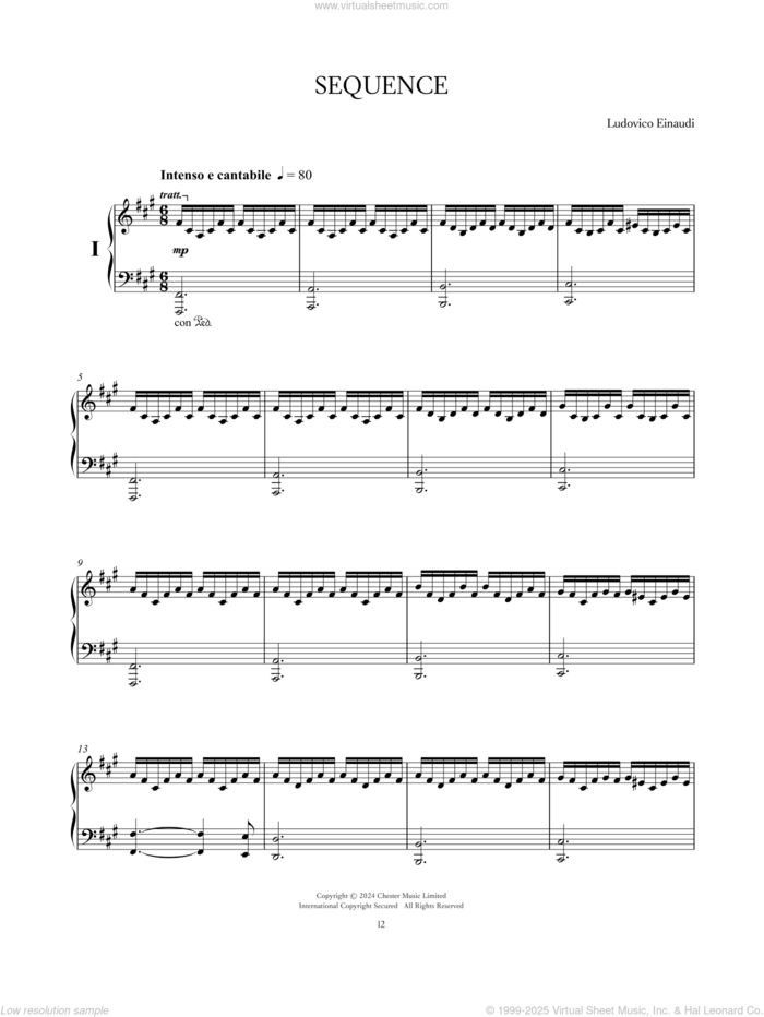 Sequence sheet music for piano solo by Ludovico Einaudi, intermediate skill level