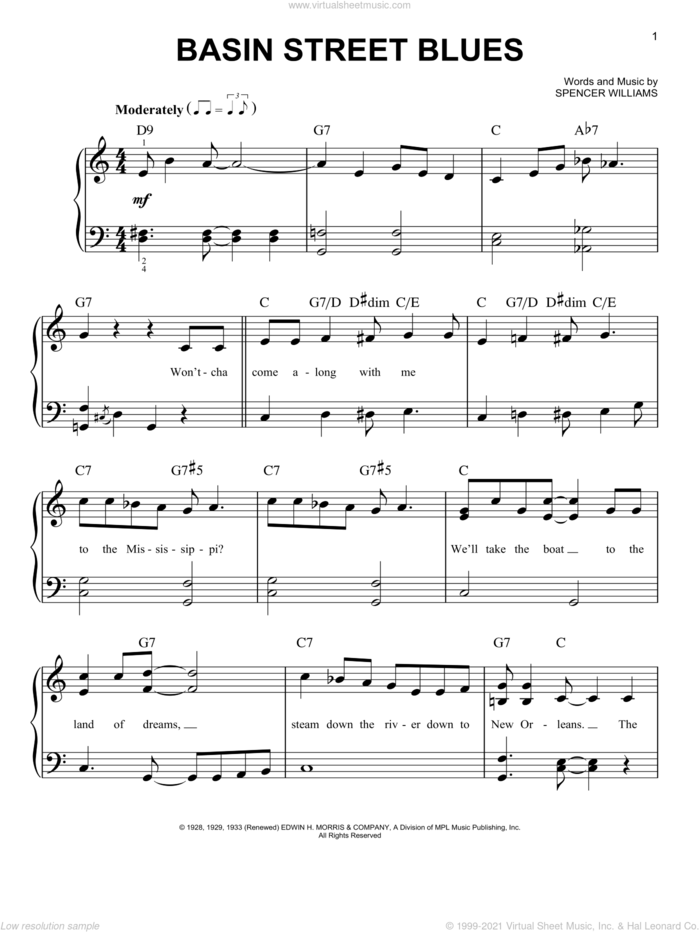 Basin Street Blues sheet music for piano solo by Louis Armstrong and Spencer Williams, easy skill level
