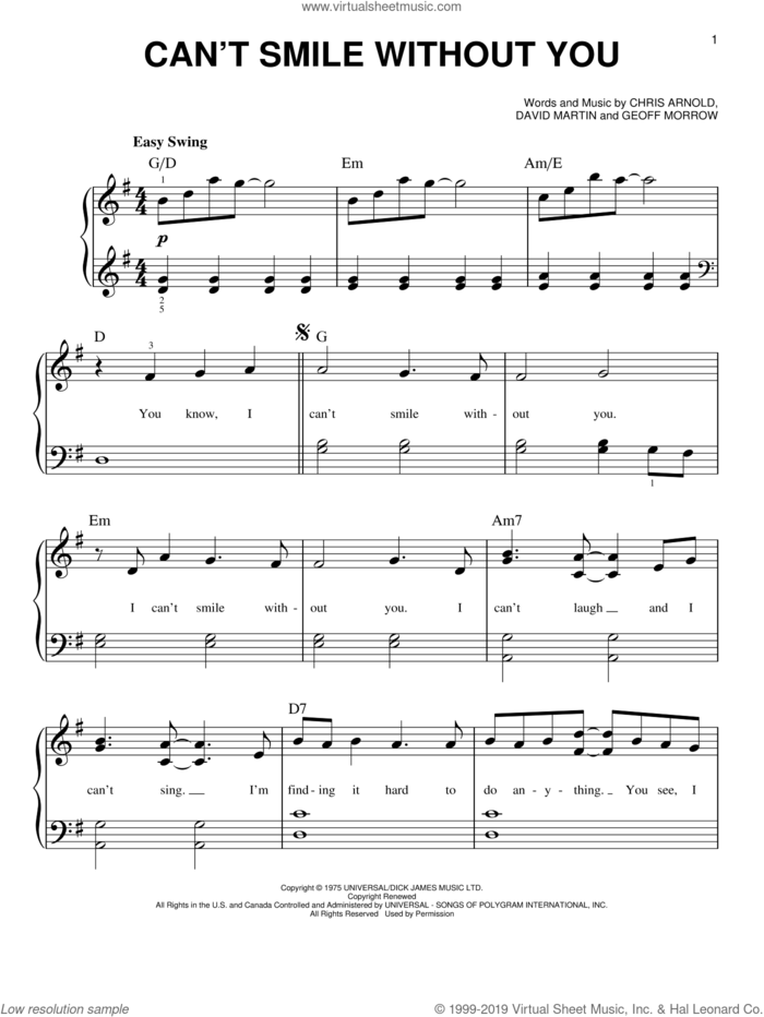 Can't Smile Without You sheet music for piano solo by Barry Manilow, Chris Arnold, David Martin and Geoff Morrow, easy skill level