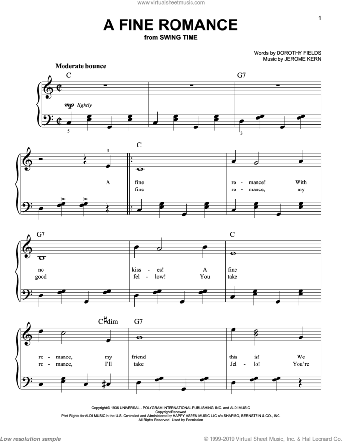 A Fine Romance, (easy) sheet music for piano solo by Jerome Kern and Dorothy Fields, easy skill level