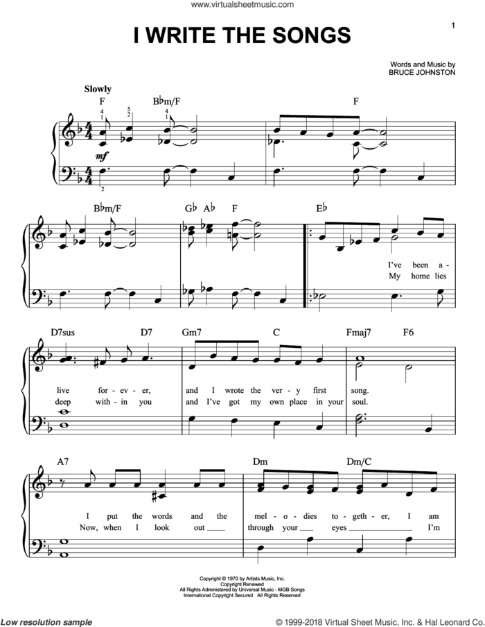 I Write The Songs sheet music for piano solo by Barry Manilow and Bruce Johnston, easy skill level