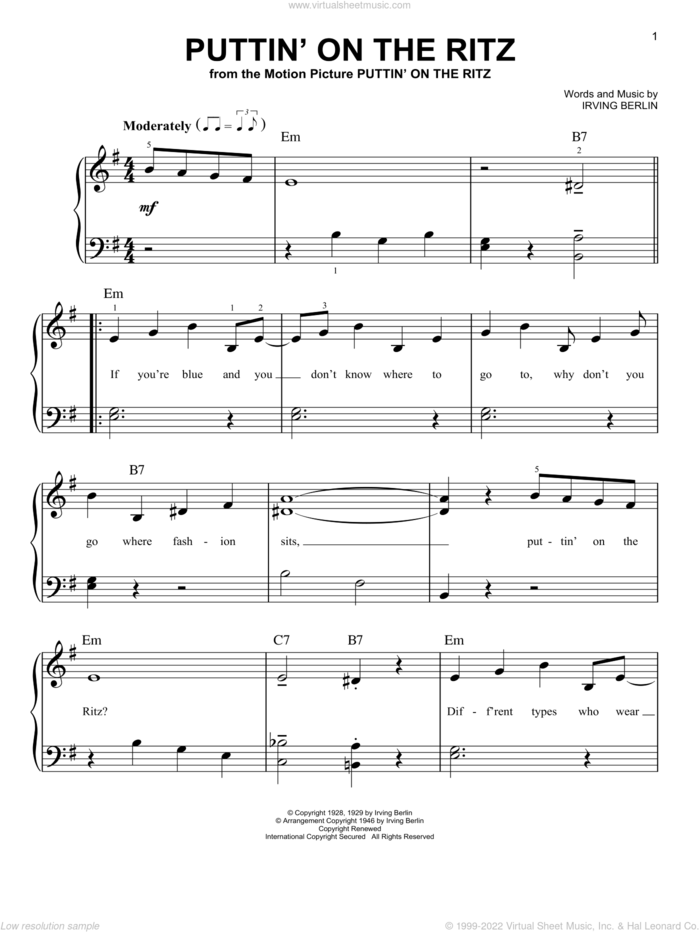 Puttin' On The Ritz sheet music for piano solo by Irving Berlin and Taco, easy skill level