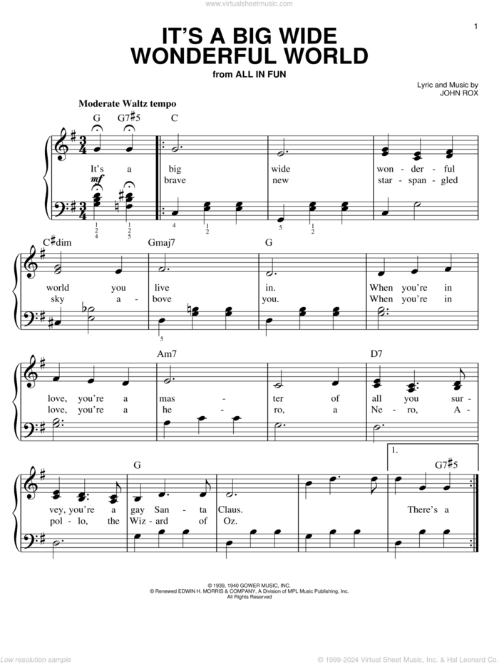 It's A Big Wide Wonderful World sheet music for piano solo by John Rox, easy skill level