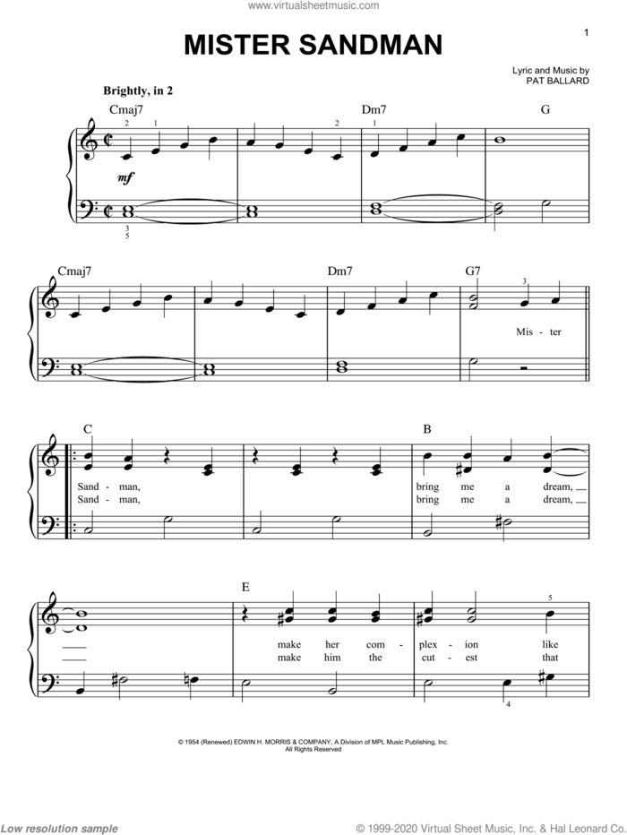 Mister Sandman sheet music for piano solo by The Chordettes and Pat Ballard, easy skill level