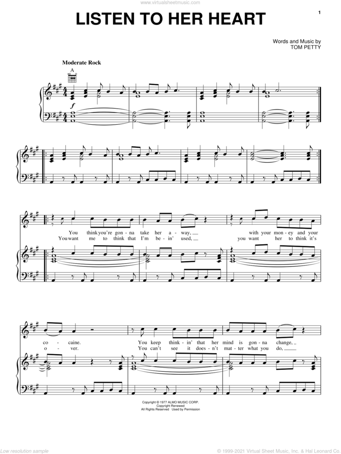 Listen To Her Heart sheet music for voice, piano or guitar by Tom Petty And The Heartbreakers and Tom Petty, intermediate skill level
