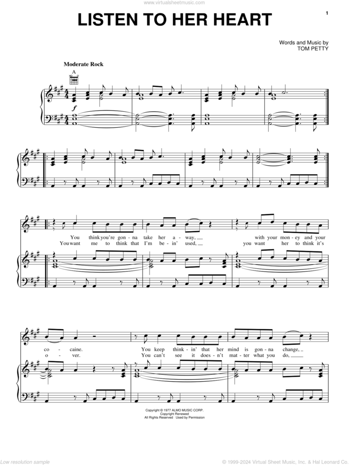 Listen To Her Heart sheet music for voice, piano or guitar by Tom Petty And The Heartbreakers and Tom Petty, intermediate skill level