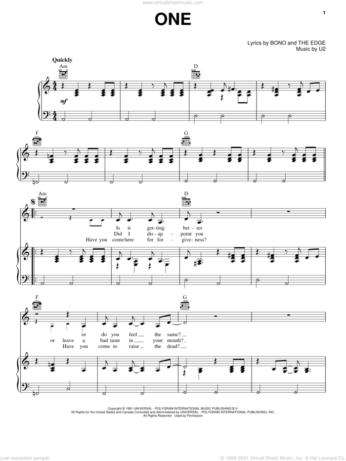 One sheet music for voice, piano or guitar by U2, Miscellaneous, Adam Clayton, Bono, David Evans, Laure Mullen Jr., Paul Hewson and The Edge, intermediate skill level