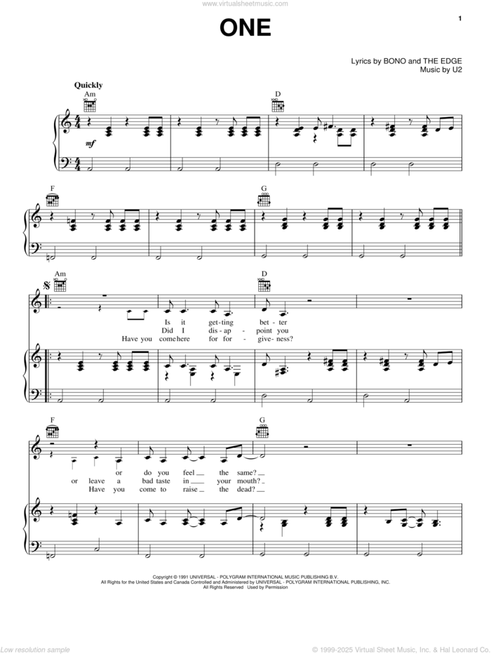 One sheet music for voice, piano or guitar by U2, Miscellaneous, Adam Clayton, Bono, David Evans, Laure Mullen Jr., Paul Hewson and The Edge, intermediate skill level