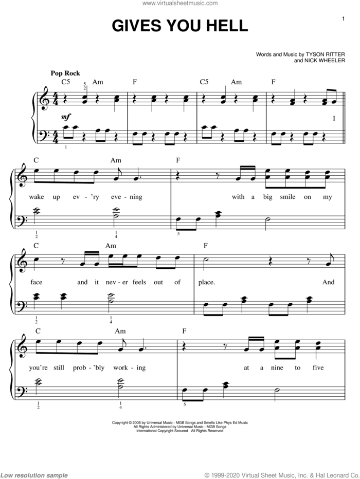 Gives You Hell sheet music for piano solo by The All-American Rejects, Miscellaneous, Nick Wheeler and Tyson Ritter, easy skill level