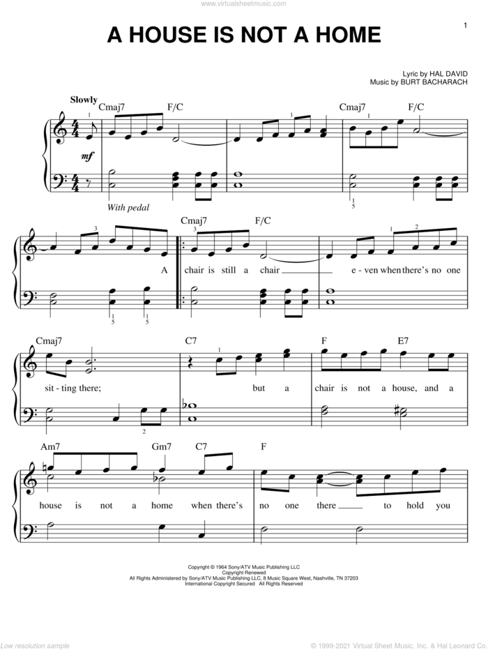 A House Is Not A Home sheet music for piano solo by Bacharach & David, Dionne Warwick, Miscellaneous, Promises, Promises (Musical), Burt Bacharach and Hal David, easy skill level