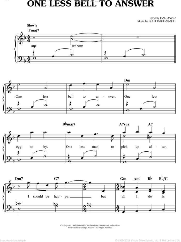 One Less Bell To Answer sheet music for piano solo by Bacharach & David, Miscellaneous, The Fifth Dimension, Burt Bacharach and Hal David, easy skill level