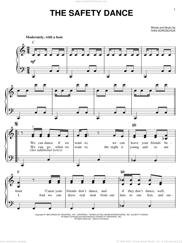 The Safety Dance sheet music for piano solo by Men Without Hats, Miscellaneous and Ivan Doroschuk, easy skill level
