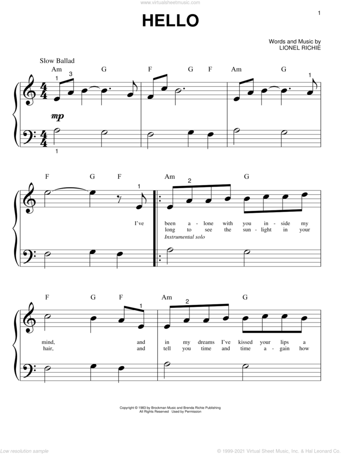Hello sheet music for piano solo (big note book) by Lionel Richie and Miscellaneous, easy piano (big note book)