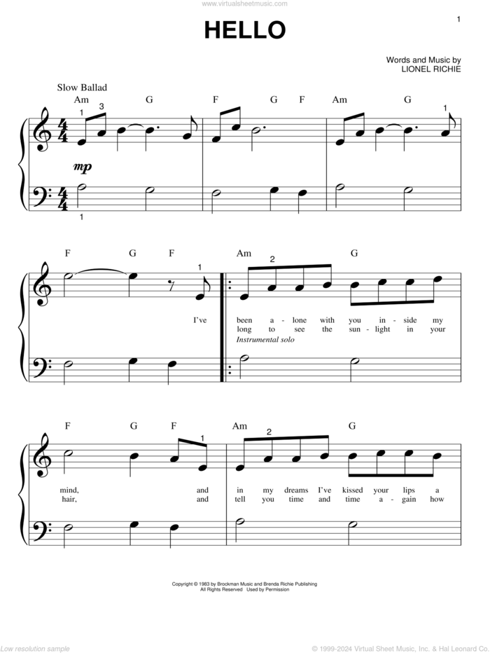 Hello sheet music for piano solo (big note book) by Lionel Richie and Miscellaneous, easy piano (big note book)