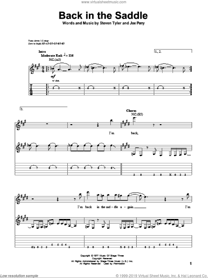 Back In The Saddle sheet music for guitar (tablature, play-along) by Aerosmith, Joe Perry and Steven Tyler, intermediate skill level