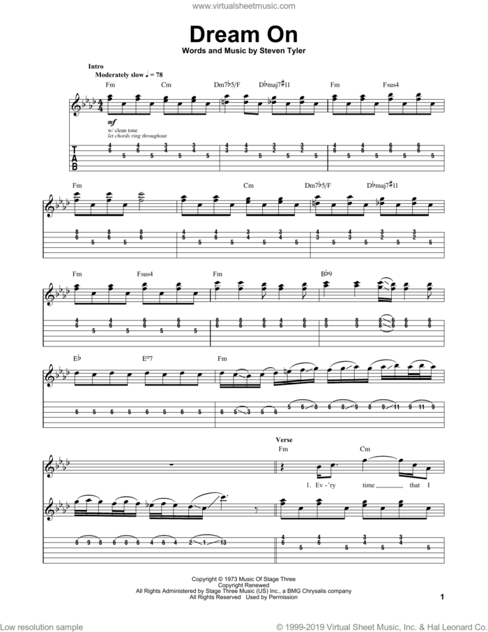 Dream On sheet music for guitar (tablature, play-along) by Aerosmith and Steven Tyler, intermediate skill level