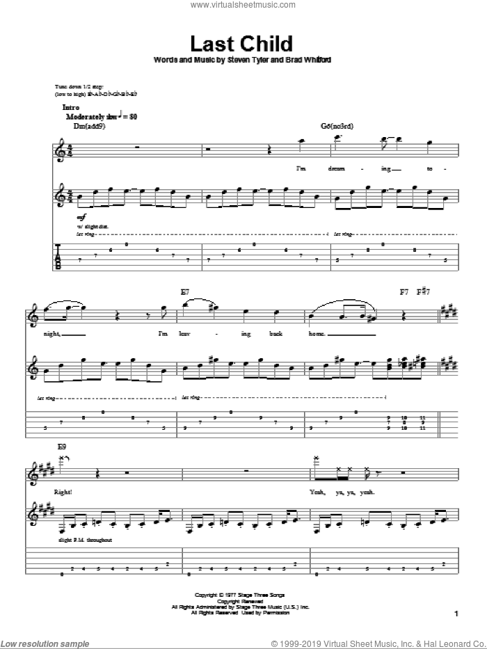 Last Child sheet music for guitar (tablature, play-along) by Aerosmith, Brad Whitford and Steven Tyler, intermediate skill level