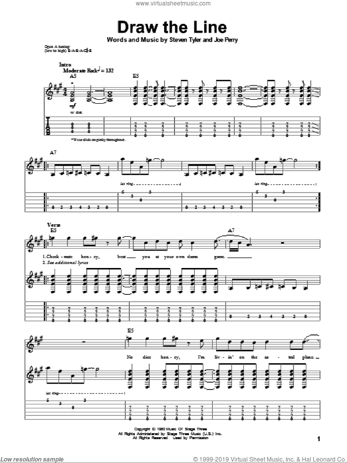 Draw The Line sheet music for guitar (tablature, play-along) by Aerosmith, Joe Perry and Steven Tyler, intermediate skill level