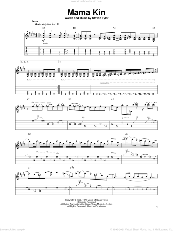 Mama Kin sheet music for guitar (tablature, play-along) by Aerosmith and Steven Tyler, intermediate skill level