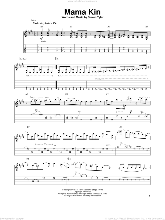 Mama Kin sheet music for guitar (tablature, play-along) by Aerosmith and Steven Tyler, intermediate skill level