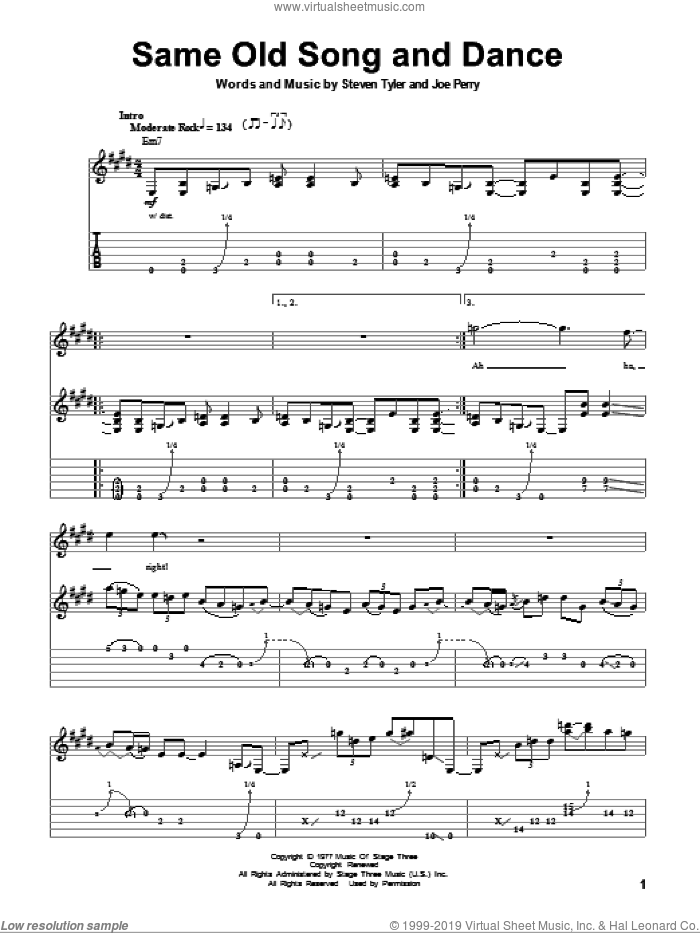 Same Old Song And Dance sheet music for guitar (tablature, play-along) by Aerosmith, Joe Perry and Steven Tyler, intermediate skill level