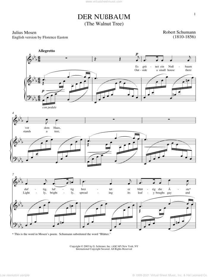 Der Nussbaum sheet music for voice and piano by Robert Schumann and Joan Frey Boytim, classical score, intermediate skill level