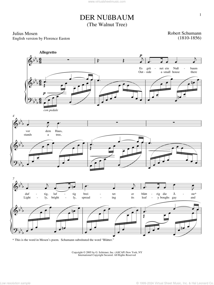 Der Nussbaum sheet music for voice and piano by Robert Schumann and Joan Frey Boytim, classical score, intermediate skill level