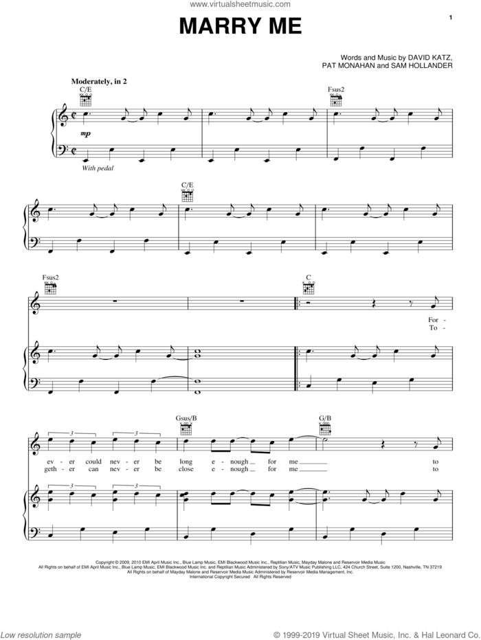 Marry Me sheet music for voice, piano or guitar by Train and Pat Monahan, wedding score, intermediate skill level