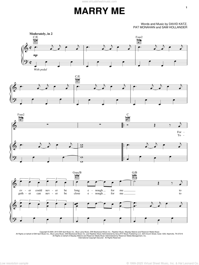 Marry Me sheet music for voice, piano or guitar by Train and Pat Monahan, wedding score, intermediate skill level