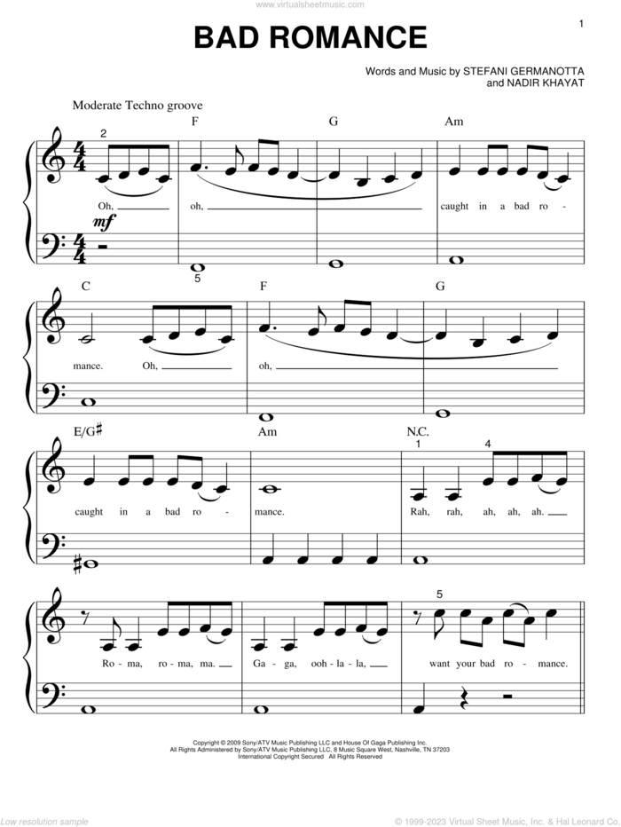 Bad Romance sheet music for piano solo (big note book) by Glee Cast, Lady G...