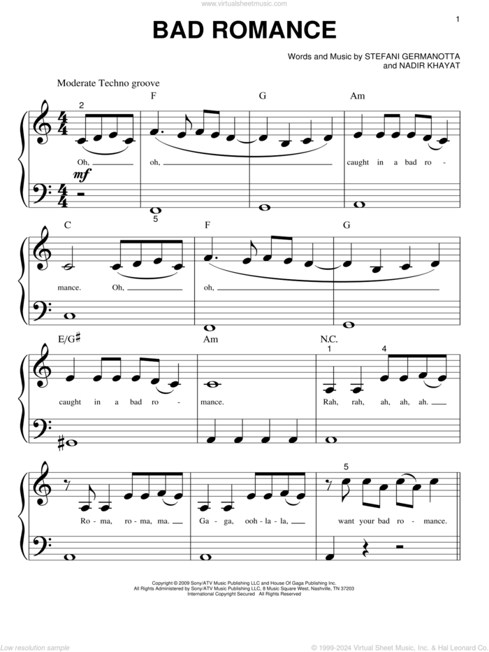 Bad Romance sheet music for piano solo (big note book) by Glee Cast, Lady GaGa, Miscellaneous, Lady Gaga and Nadir Khayat, easy piano (big note book)