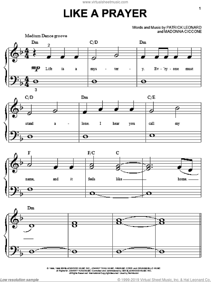 Like A Prayer sheet music for piano solo (big note book) by Madonna, Miscellaneous and Patrick Leonard, easy piano (big note book)