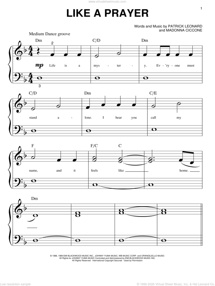 Like A Prayer sheet music for piano solo (big note book) by Madonna, Miscellaneous and Patrick Leonard, easy piano (big note book)