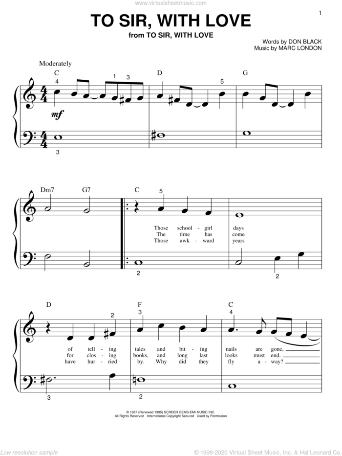 To Sir, With Love sheet music for piano solo (big note book) by Lulu, Miscellaneous, Don Black and Marc London, easy piano (big note book)