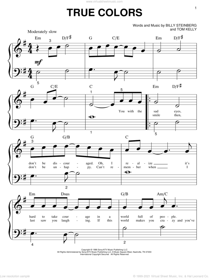 True Colors sheet music for piano solo (big note book) by Cyndi Lauper, Miscellaneous, Phil Collins, Billy Steinberg and Tom Kelly, easy piano (big note book)