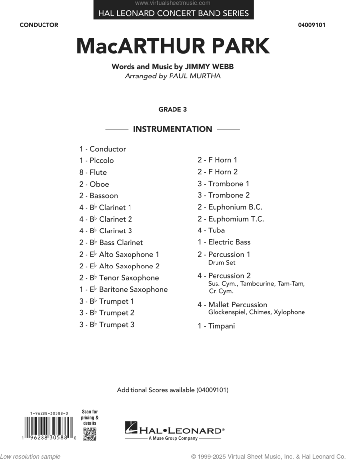 MacArthur Park (arr. Paul Murtha) (COMPLETE) sheet music for concert band by Paul Murtha and Jimmy Webb, intermediate skill level