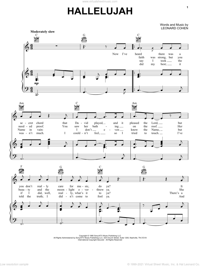 Hallelujah sheet music for voice, piano or guitar by Leonard Cohen, intermediate skill level