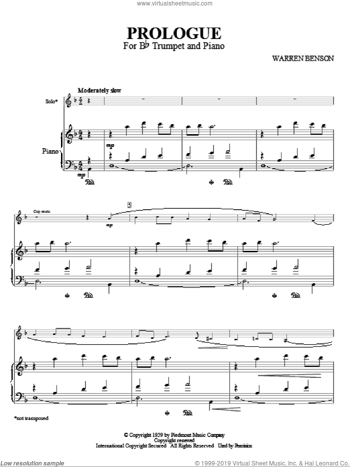 Prologue For Bb Trumpet And Piano sheet music for trumpet and piano by Warren Benson, classical score, intermediate skill level