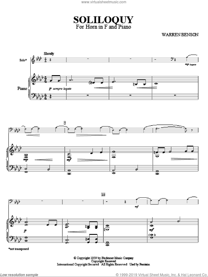 Soliloquy For Horn In F And Piano sheet music for horn and piano (french horn) by Warren Benson, classical score, intermediate skill level