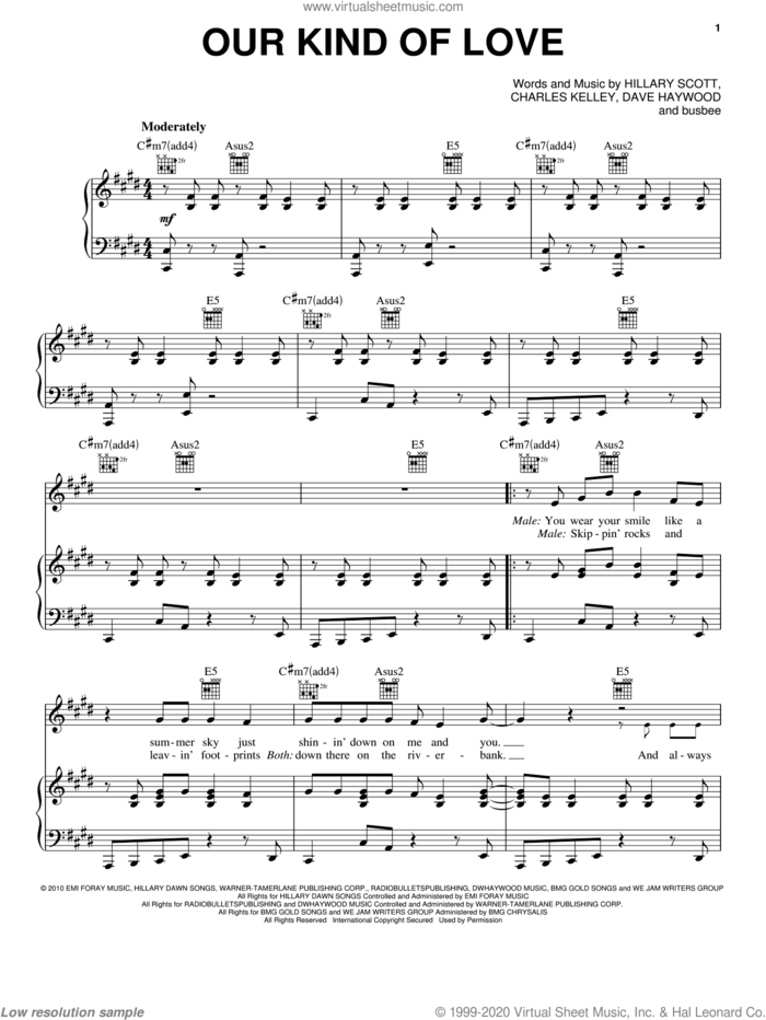 Our Kind Of Love sheet music for voice, piano or guitar by Lady Antebellum, Lady A, busbee, Charles Kelley, Dave Haywood and Hillary Scott, intermediate skill level