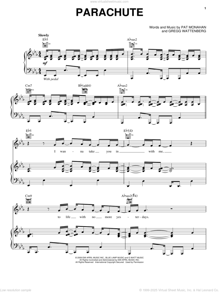 Parachute sheet music for voice, piano or guitar by Train, Gregg Wattenberg and Pat Monahan, intermediate skill level