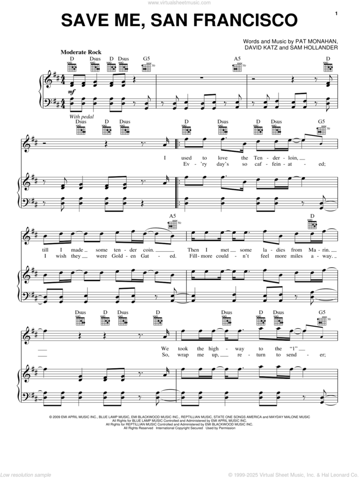 Save Me, San Francisco sheet music for voice, piano or guitar by Train, David Katz, Pat Monahan and Sam Hollander, intermediate skill level