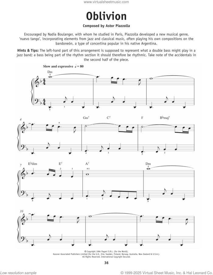 Oblivion, (beginner) sheet music for piano solo by Astor Piazzolla, classical score, beginner skill level