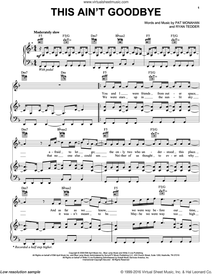 This Ain't Goodbye sheet music for voice, piano or guitar by Train, Pat Monahan and Ryan Tedder, intermediate skill level