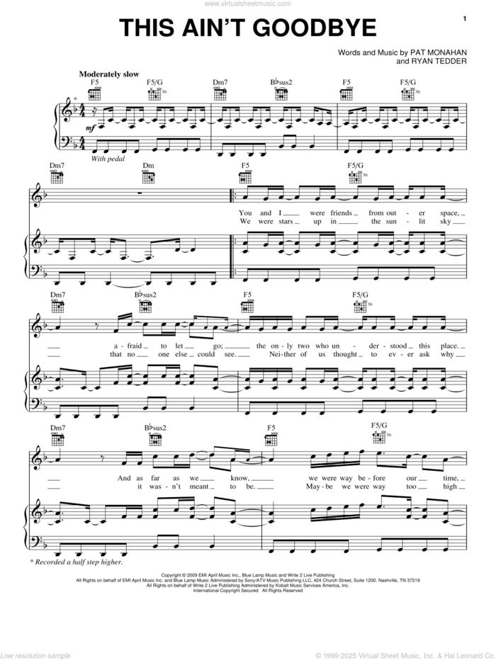 This Ain't Goodbye sheet music for voice, piano or guitar by Train, Pat Monahan and Ryan Tedder, intermediate skill level