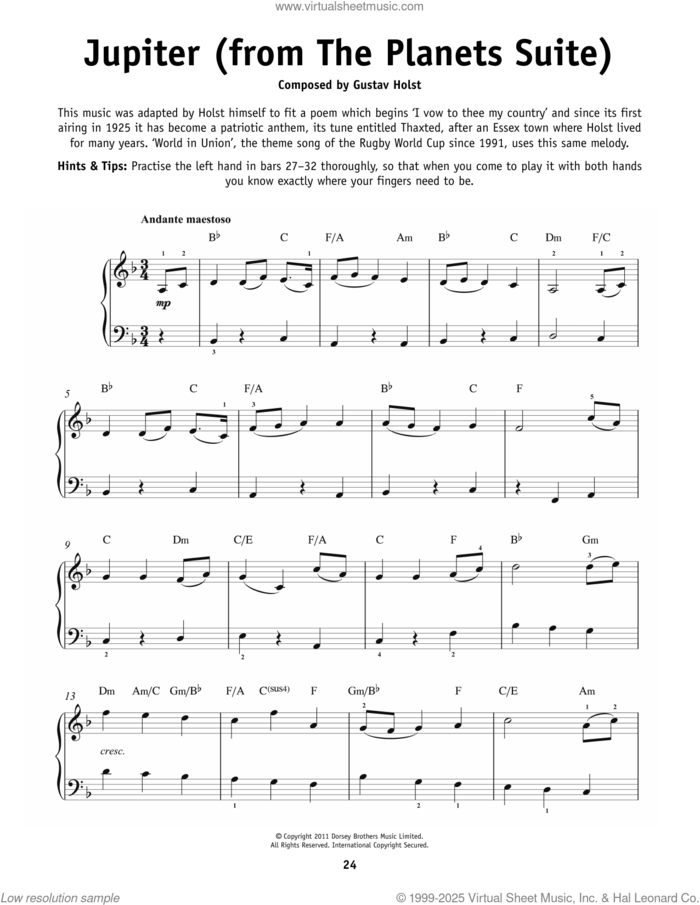 Jupiter, (beginner) sheet music for piano solo by Gustav Holst, classical score, beginner skill level