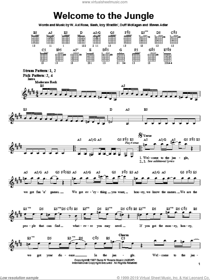 Welcome To The Jungle sheet music for guitar solo (chords) by Guns N' Roses, Axl Rose, Duff McKagan, Slash and Steven Adler, easy guitar (chords)