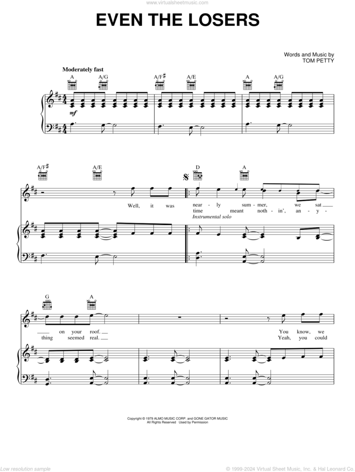 Even The Losers sheet music for voice, piano or guitar by Tom Petty And The Heartbreakers and Tom Petty, intermediate skill level