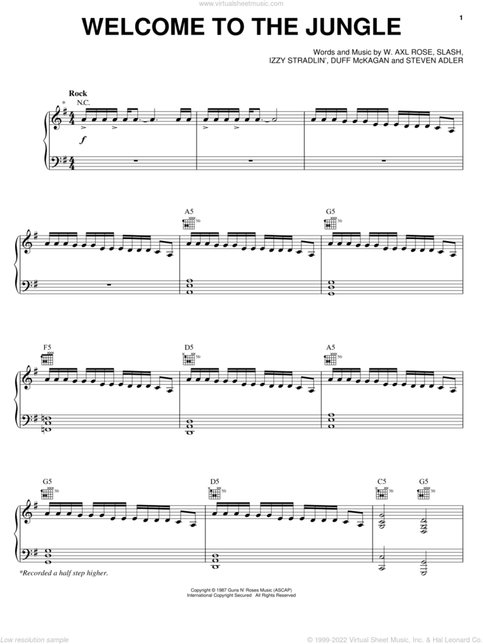 Welcome To The Jungle sheet music for voice, piano or guitar by Guns N' Roses, Axl Rose, Duff McKagan, Slash and Steven Adler, intermediate skill level