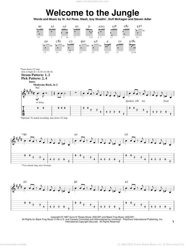 Welcome To The Jungle sheet music for guitar solo (easy tablature) by Guns N' Roses, Axl Rose, Duff McKagan, Slash and Steven Adler, easy guitar (easy tablature)